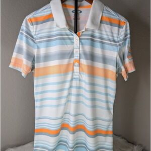 Oakley Polo Shirt Womens Small Blue Orange Striped Short Sleeve Golf Activewear